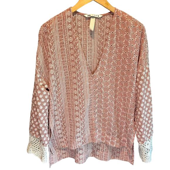 Zara Dusty Rose & Cream Eyelet Floral Embroidered & Eyelet Tunic Top - Medium - Picture 1 of 6